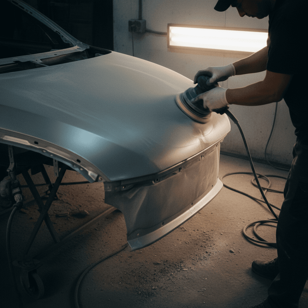 Auto body technician sanding and smoothing a vehicle panel
