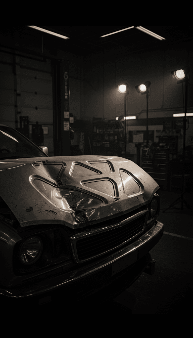 Damaged vehicle hood showing collision damage details