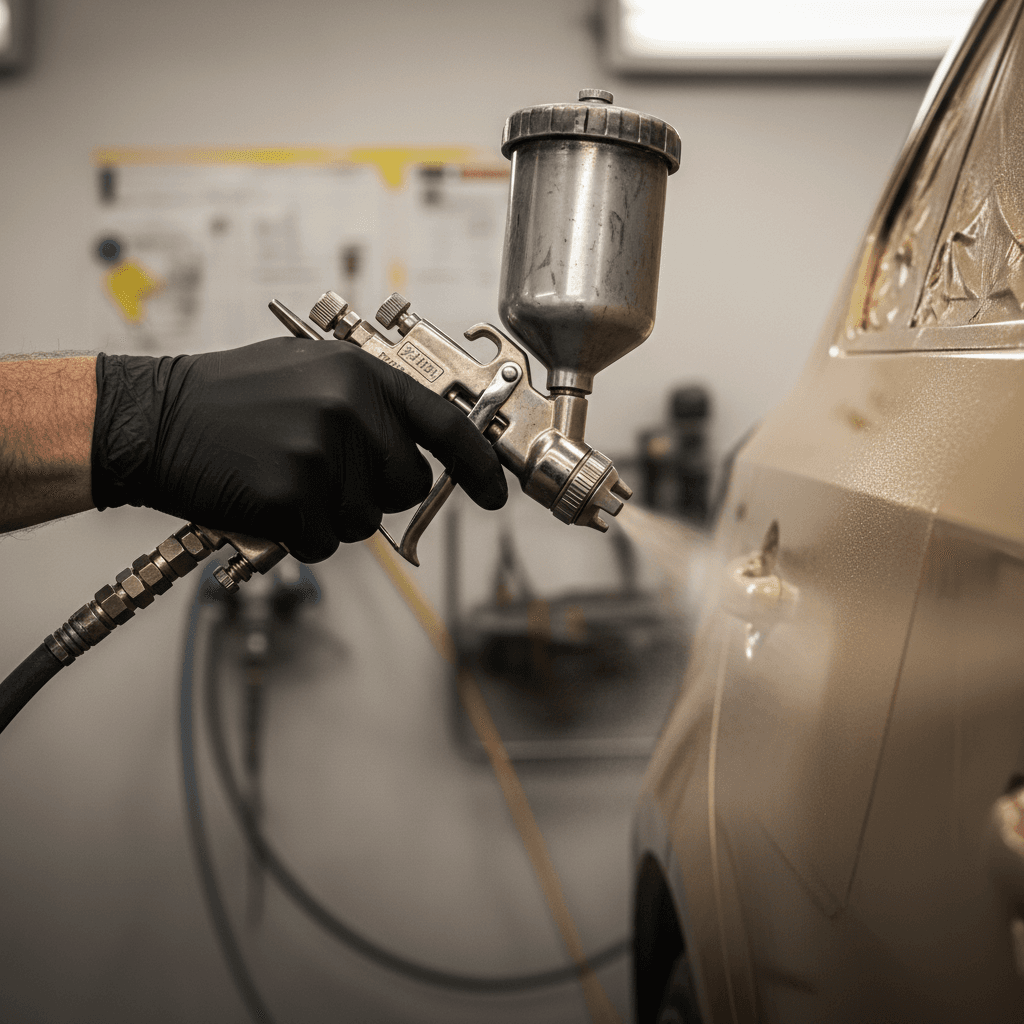 Paint technician applying finish to vehicle panel