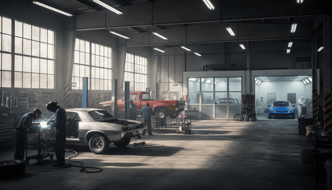 Multiple vehicles in various repair stages at the shop