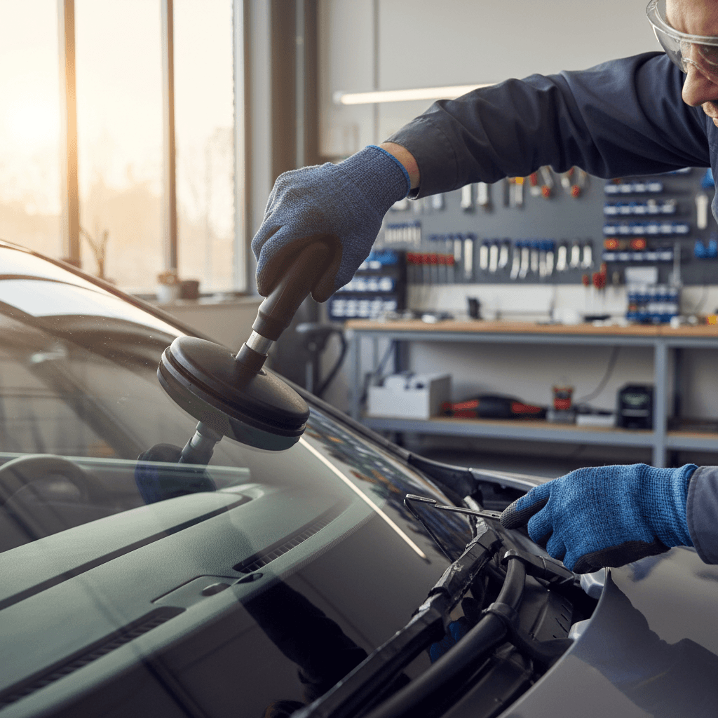 Technician installing vehicle windshield