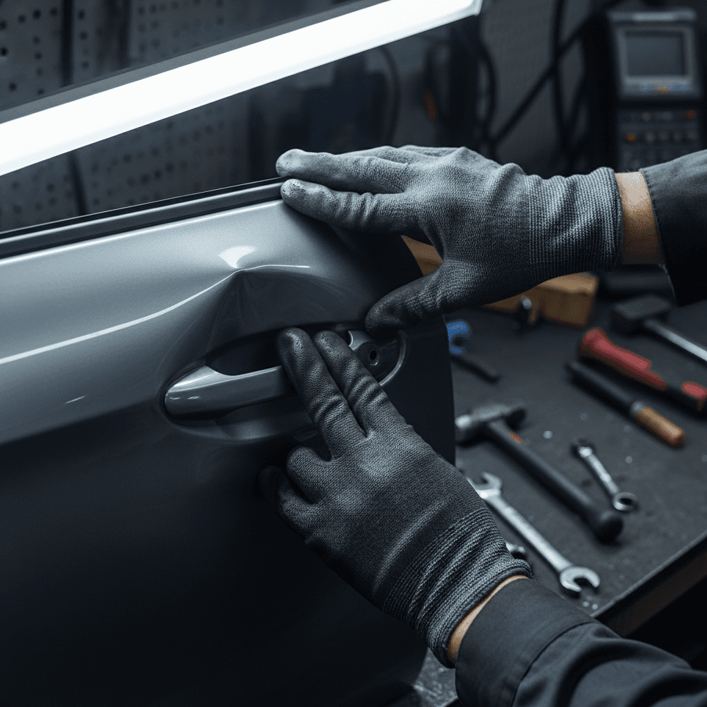 Auto body technician assessing collision damage